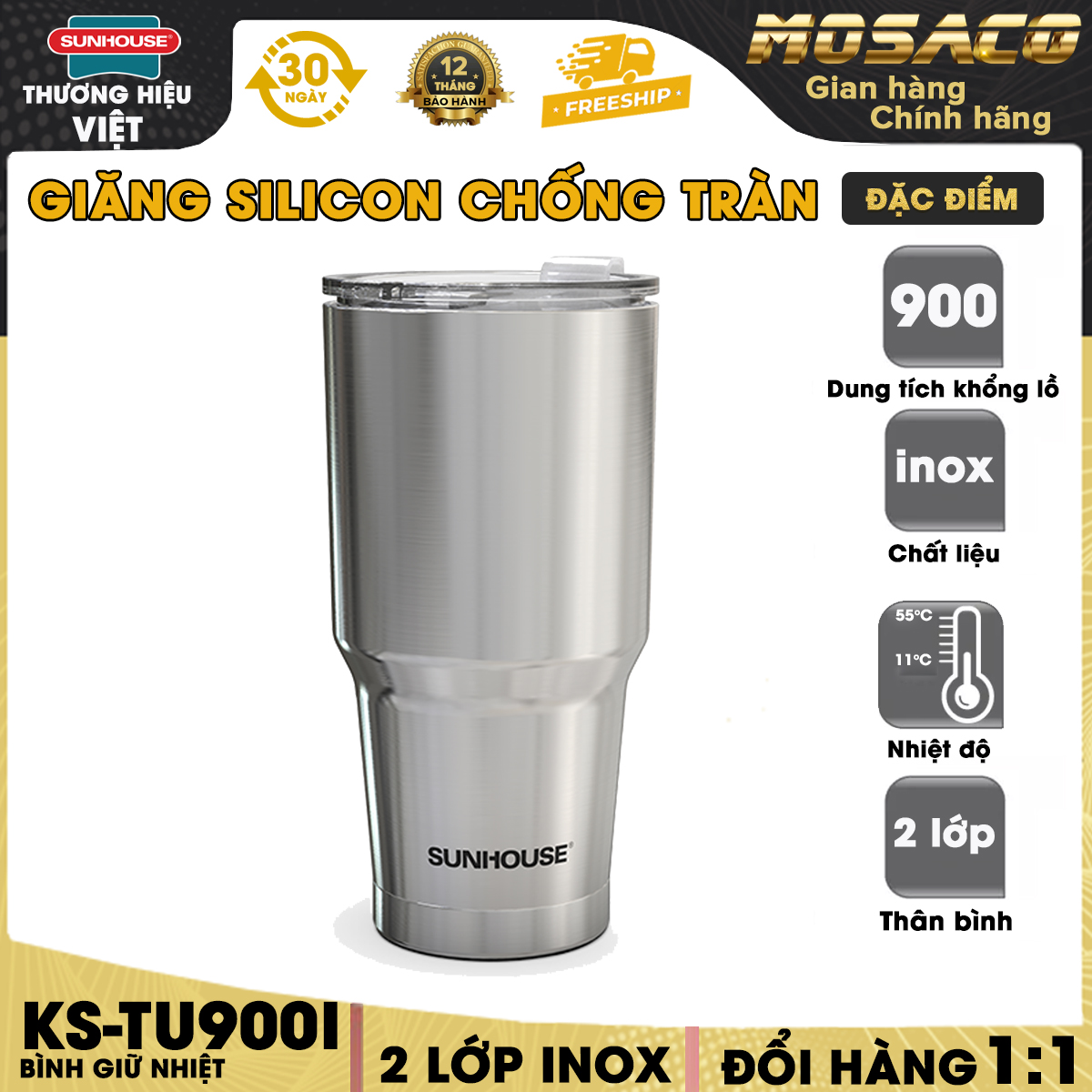 Bình giữ nhiệt Inox 304 Sunhouse 900ml KS-TU900I Ly nước chất liệu inox cao cấp 304, an toàn tuyệt đối với sức khỏe, Nắp có giăng silicone giúp nắp bình đóng chặt, ngăn đồ uống trào ra ngoài - MOSACO GIA DỤNG