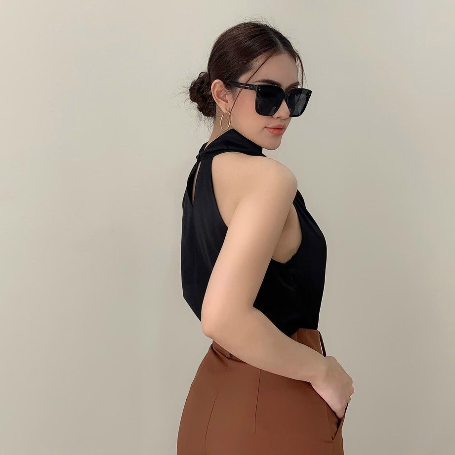 [Có sẵn] Áo lụa satin cổ yếm cao sang chảnh (có ảnh thật)
