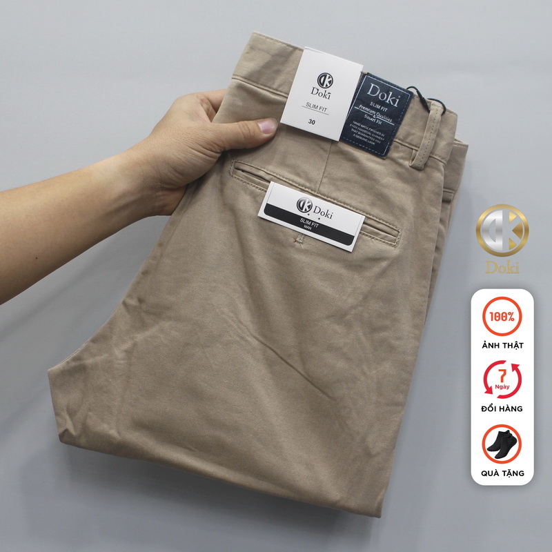 Quần Kaki Nam Doki Cao Cấp Màu Ghi sáng, Quần Kaki Dáng Ôm Đứng Chất Vải Co Giãn Dày Dặn, Không Nhăn Bai Xù - DKC-14