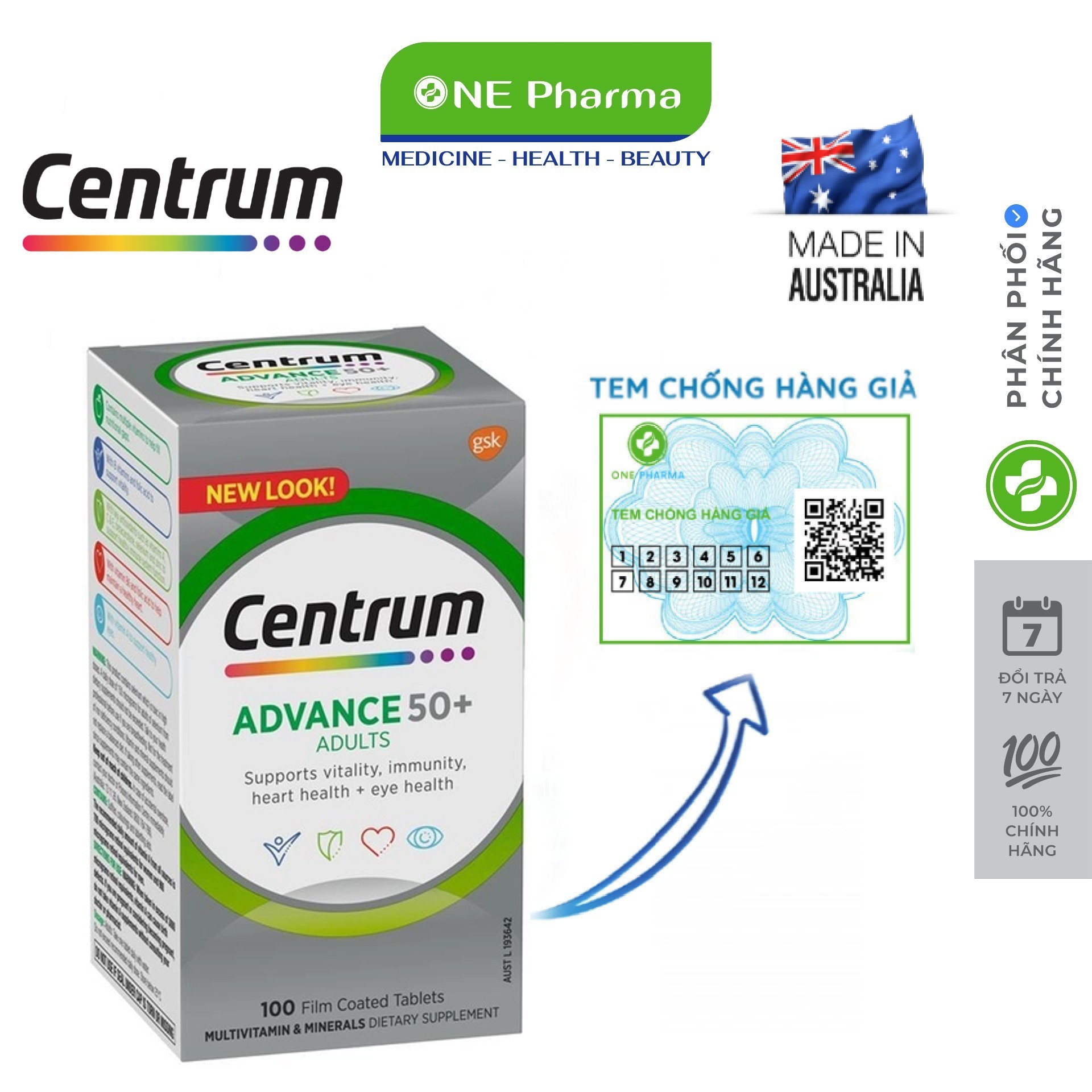 Viên uống vitamin tổng hợp centrum advance for adults cho người trên 50 tuổi, 100 viên