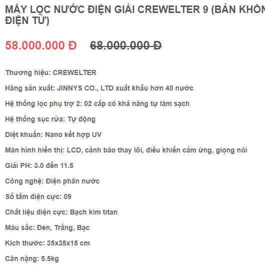 MÁY LỌC NƯỚC ĐIỆN GIẢI CREWELTER 9 (BẢN KHÔNG CÓ VÒI ĐIỆN TỬ)