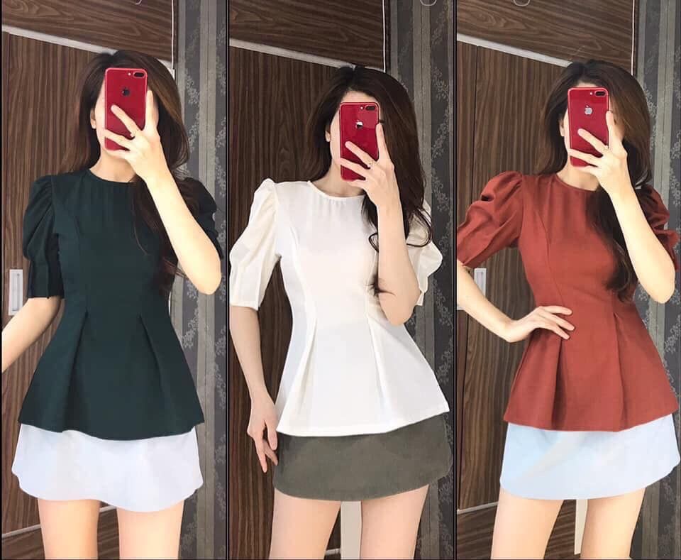 Áo Công Sở Tay Phồng Xếp Ly, Eo Peplum (Hàng Cao Cấp)