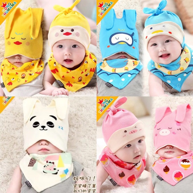 Sét mũ kèm khăn yếm cotton đáng yêu cho bé