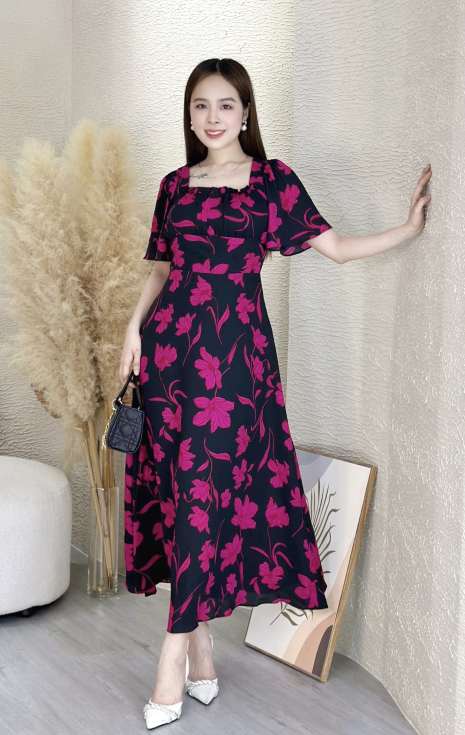 Đầm xòe hoa form dài cổ phối bèo tay loe Misa - MS0265