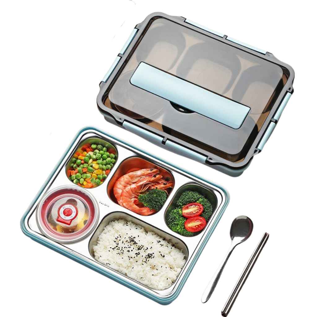 Hộp đựng cơm giữ nhiệt văn phòng 5 ngăn inox 304 có quai xách Tặng muỗng dĩa, có giá đỡ điện thoại đi kèm, Kích thước 31x25x7 cm