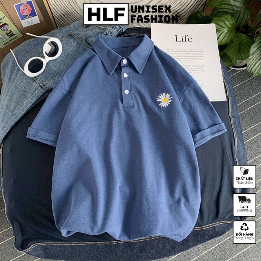 Áo thun polo cổ trụ thêu hoa cúc bên ngực, áo thun có cổ HLFashion