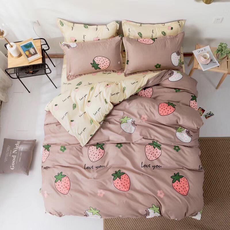 Bộ Ga Gối ( 1 ga bọc, 2 áo gối nằm ) Mẫu Dâu Tây Nâu