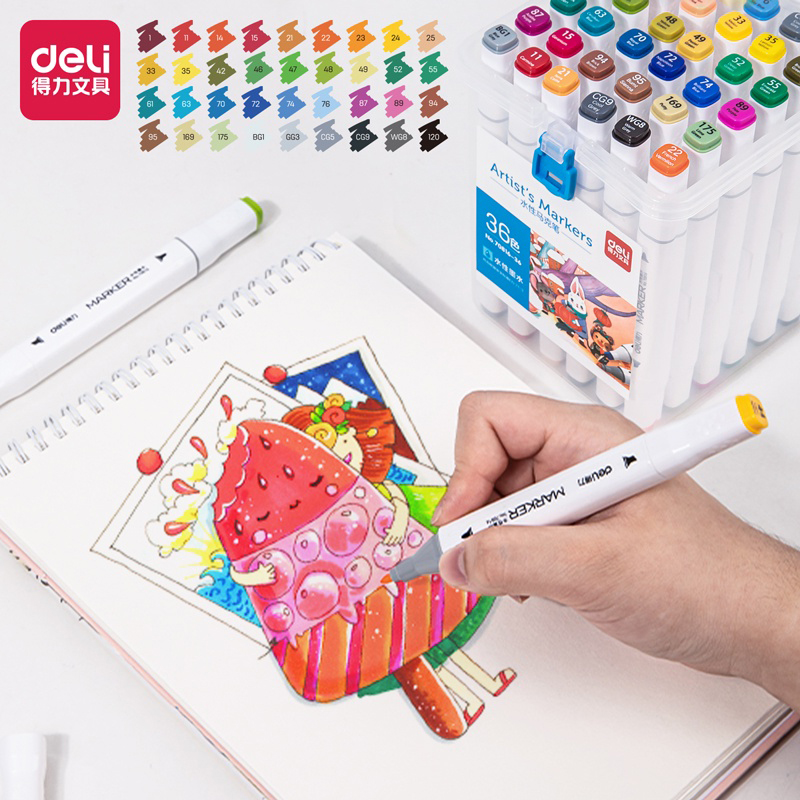 Bút lông màu Marker Deli hai đầu hộp nhựa trong an toàn cho trẻ 70816