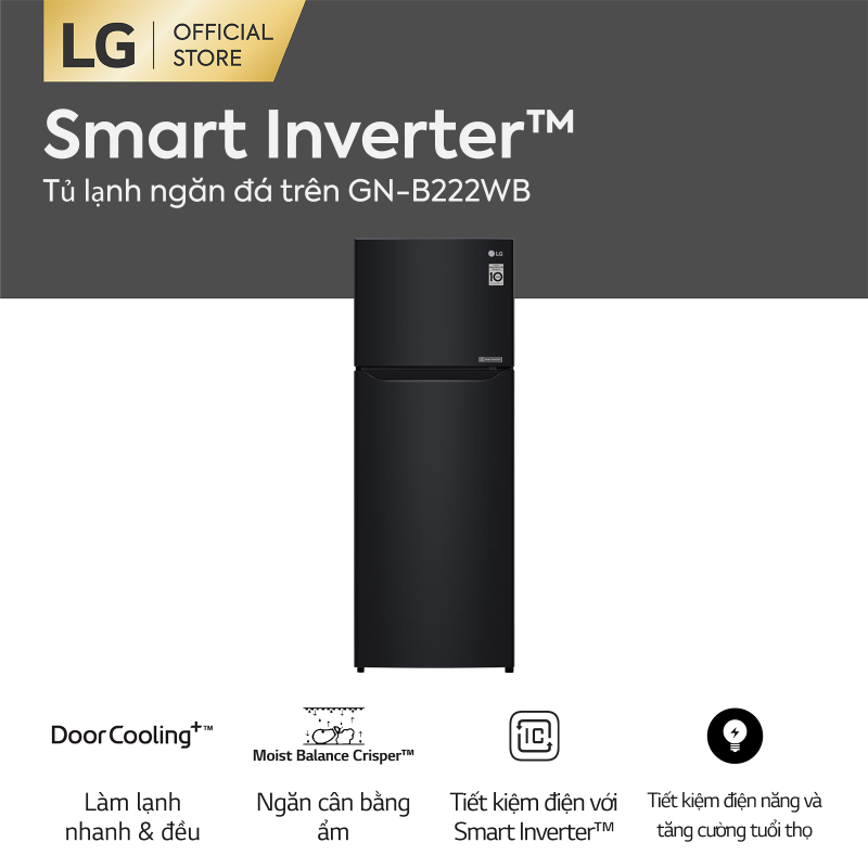 Tủ lạnh LG Smart Inverter ngăn đá trên GN-B222WB 209L (Đen) - Hãng phân phối chính thức