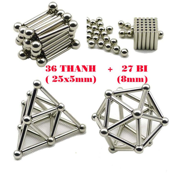 Bộ xếp hình nam châm buckybars gồm 27 viên bi 8mm và 36 thanh nam châm vĩnh cửu FULLBOX