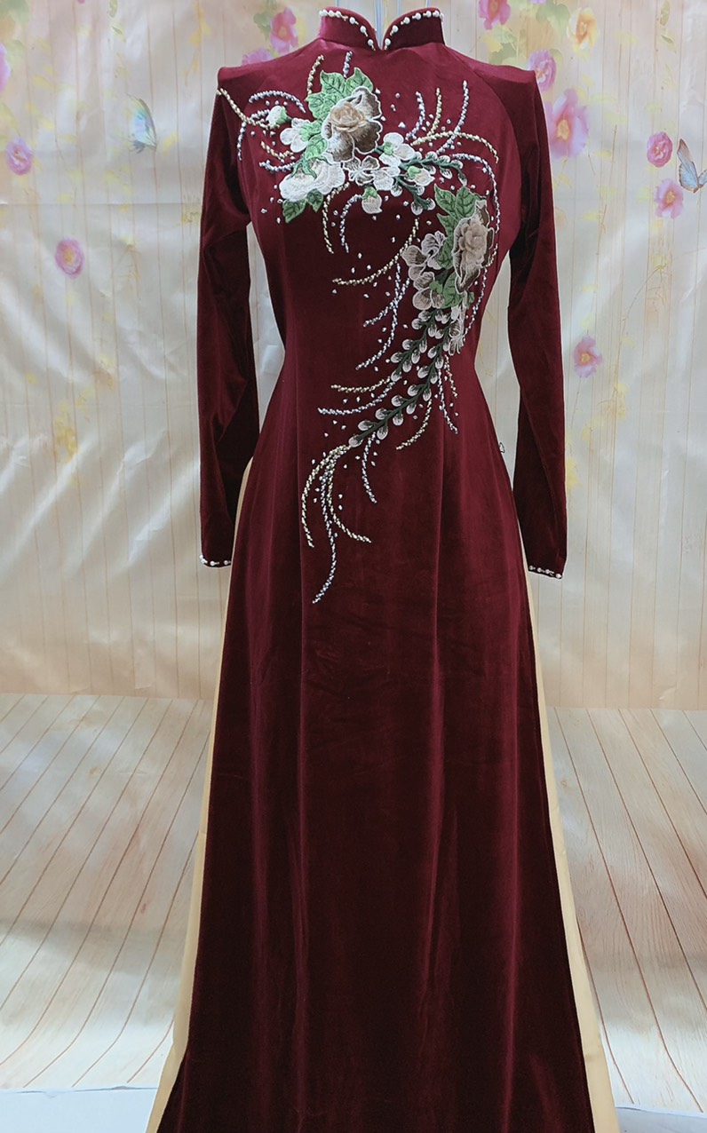 Áo dài nhung Đô-Ao dai tặng mẹ - Áo dài bà sui - áo dài dự tiệc SANG TRỌNG- CỔ CAO và CỔ THUYỀN-- ẢNH THẬT