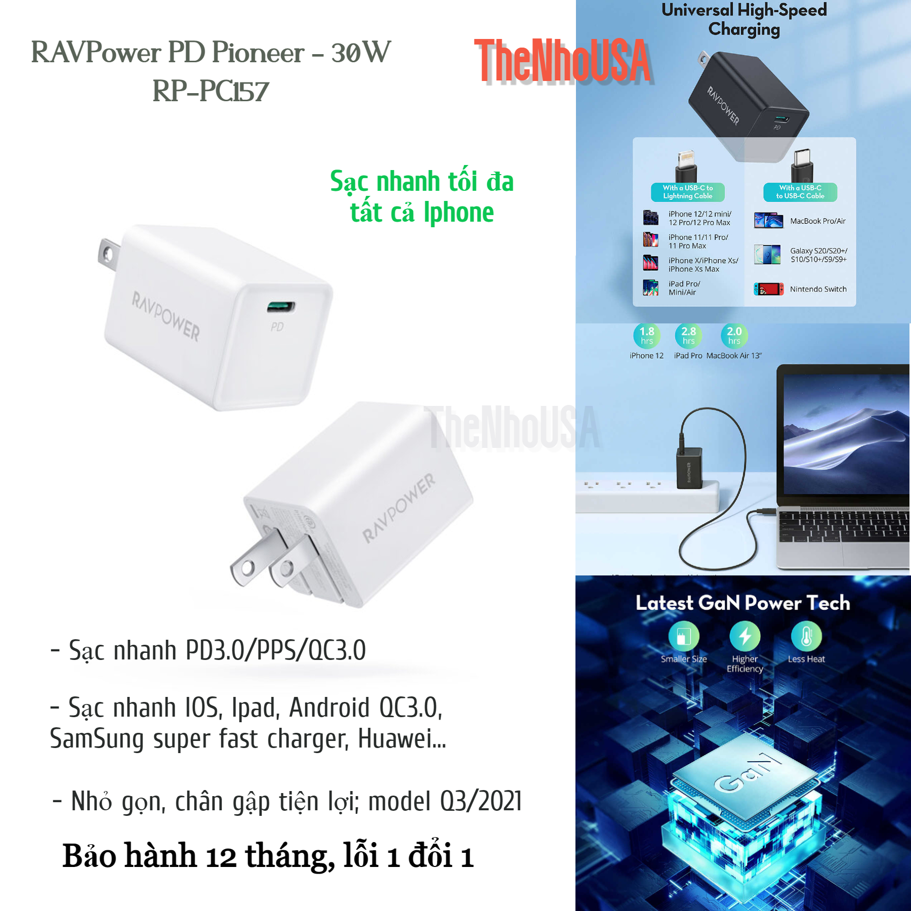 Củ sạc nhanh RAVPower 30w - 1 cổng type C (GaN) RP-PC157 [BH 12T]
