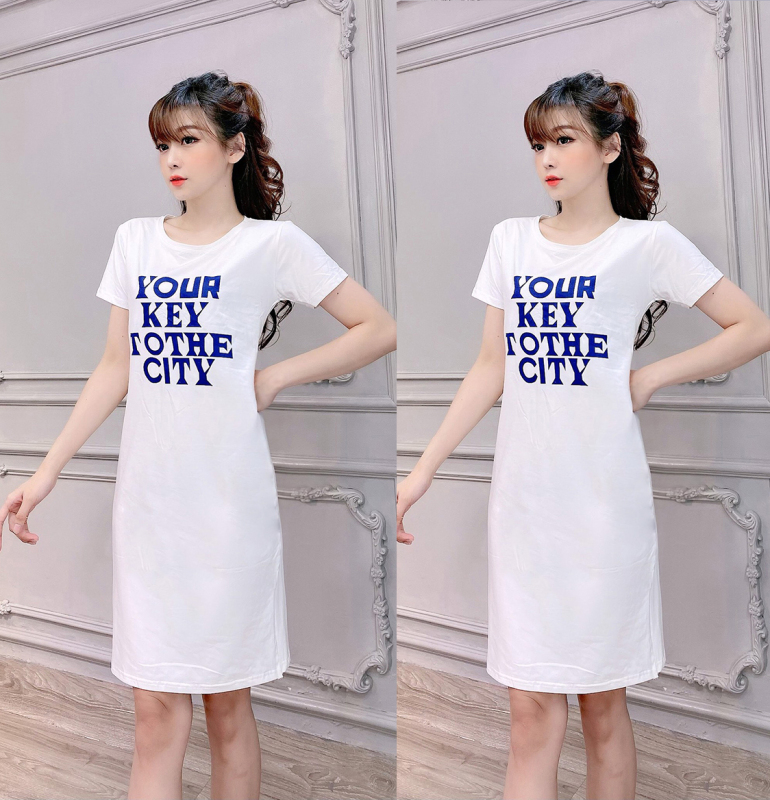 Đầm suông thun thái in chữ dáng dài form rộng xẻ tà