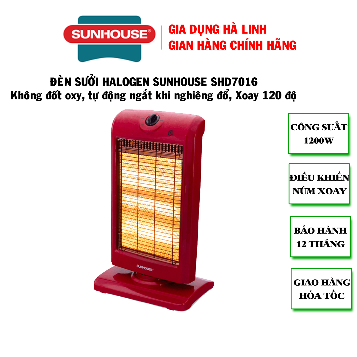 Đèn sưởi điện 3 bóng halogen Sunhouse SHD7016, Đèn sưởi cho bé, Đèn sưởi phòng ngủ, Không gây khô da và khó thở, Tự động ngắt khi nghiêng đổ, Bảo hành 12 tháng