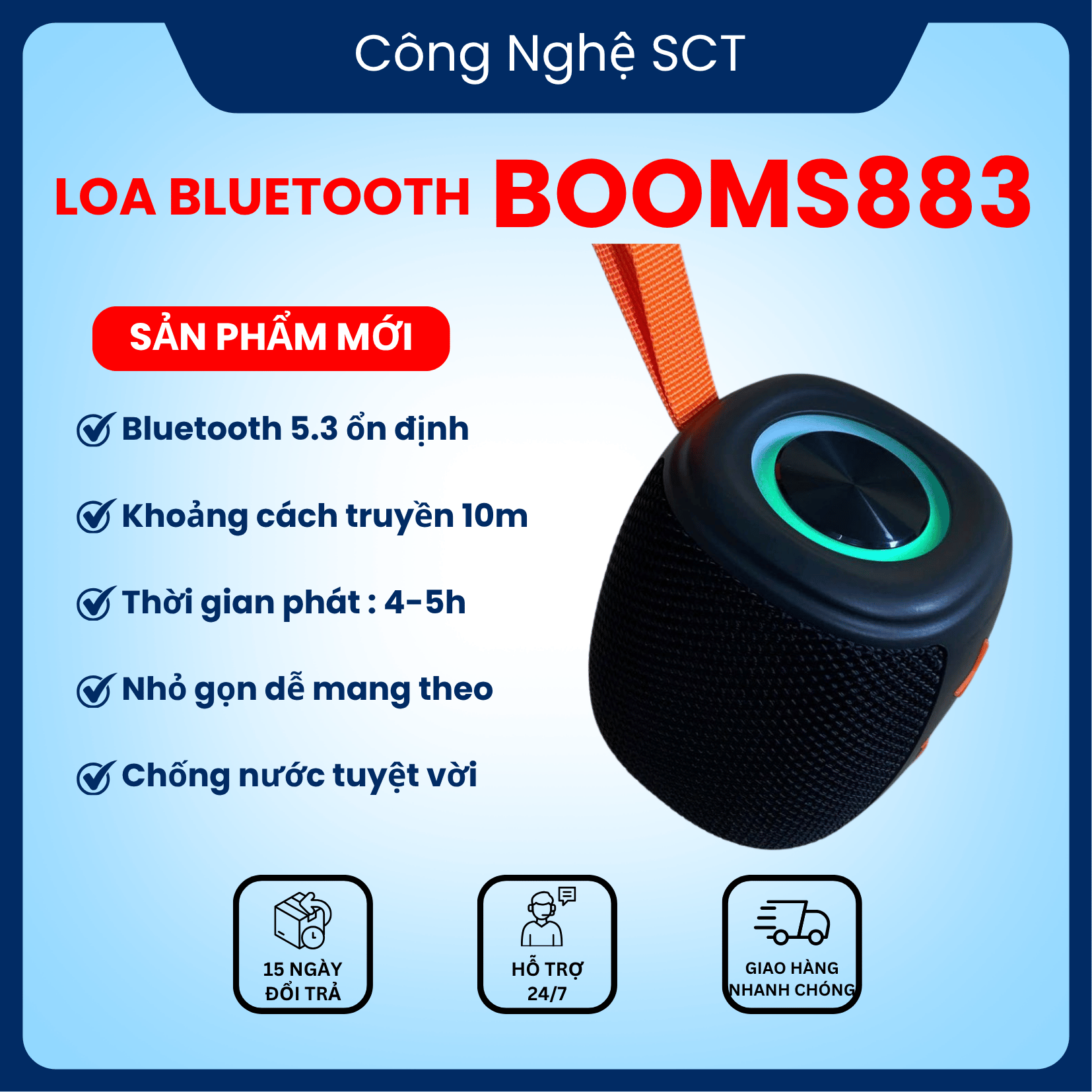 Loa Bluetooth BOOMS883 Không Dây – Đèn LED RGB Đổi Màu, Bass Căng, Nghe Nhạc Cực Hay