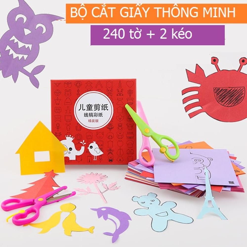 Bộ cắt dán giấy thông minh 240 tờ giấy màu có sẵn hình đồ chơi giáo dục mã 50062