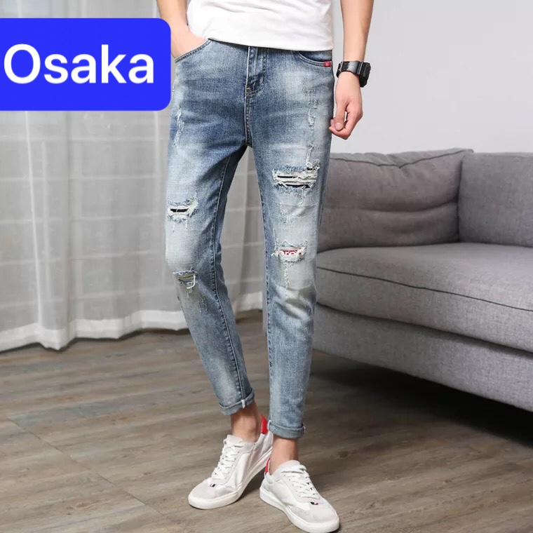 QUẦN JEAN NAM CHẤT BÒ XANH LÓT VẢI ĐỎ SANG CẠP RÁCH ĐỘC LẠ  NHẬT BẢN OK-2000 - OSAKA FASHION