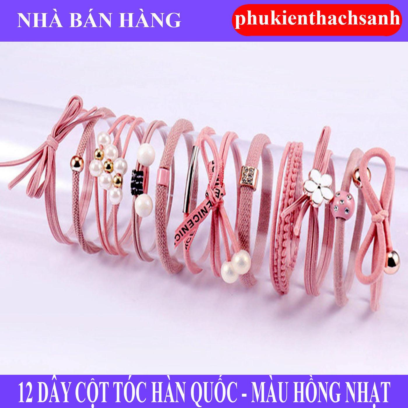 Bộ 12 thun cột tóc Hàn Quốc siêu cute (Hồng nhạt - Gồm Hộp)