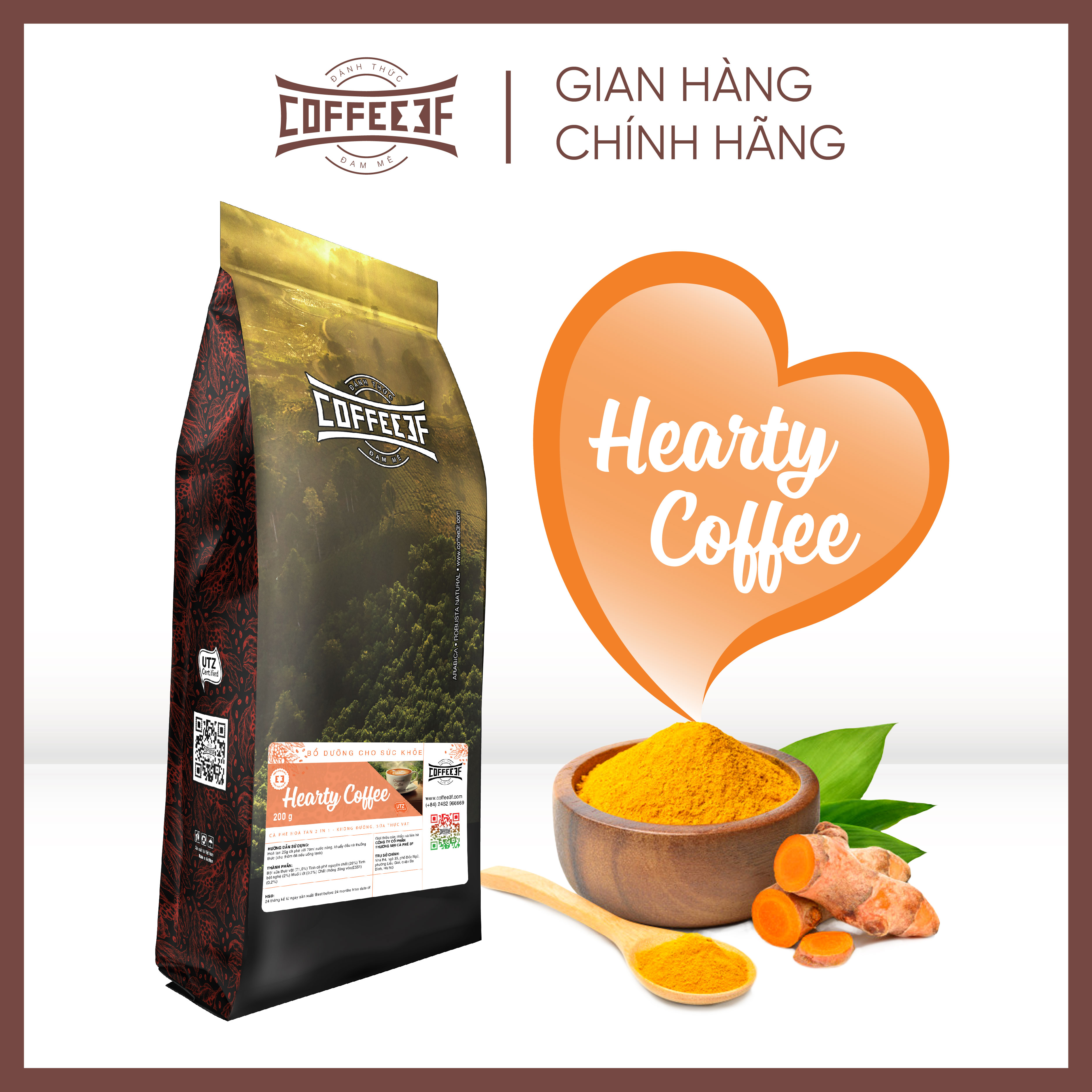 Cà phê hoà tan tinh bột nghệ Hearty Coffee - Coffee 3F (túi 500g/200g)