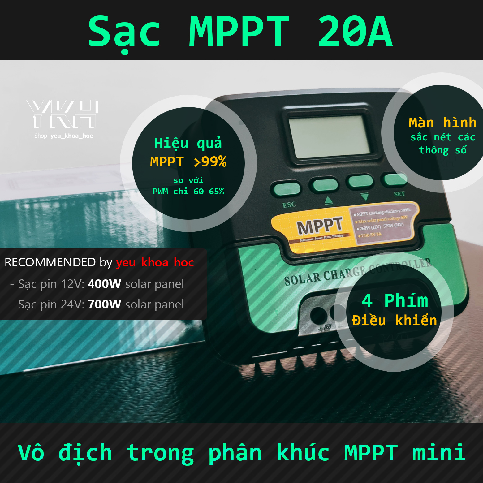 Sạc NLMT MPPT 20A , tự nhận bình 12V 24V
