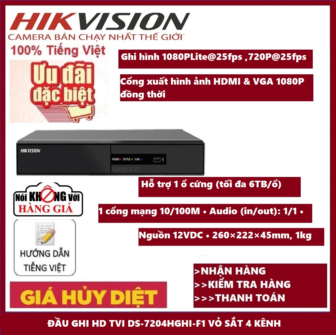 BẢO HÀNHĐầu ghi hình 4 KÊNH vỏ sắt HD-TVI Hikvision DS-7204HGHI-F1 chuẩn H.264+
