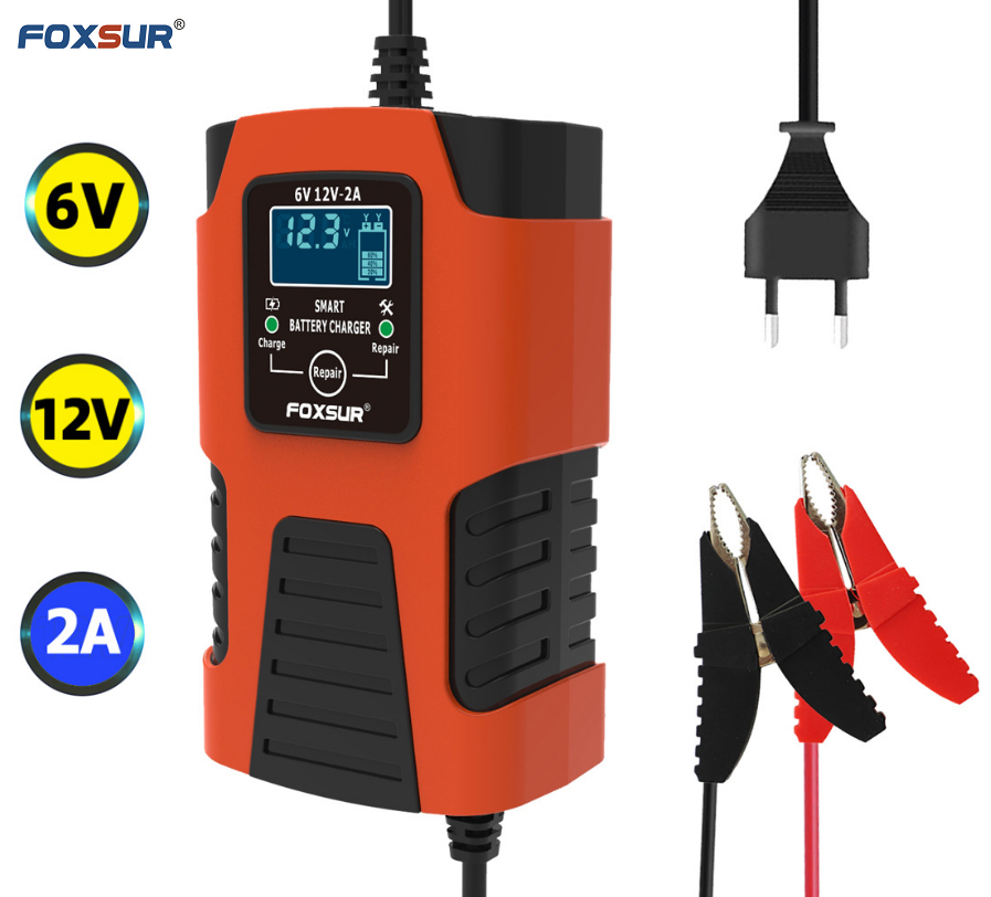 Máy sạc bình ắc quy tự động 6V 12V 2a từ 4AH-40AH FOXSUR cho xe máy xe điện các loại bình khô bình nước có chức năng khử sun phát phục hồi ắc quy thông minh tự ngắt khi đầy chống ngược cực