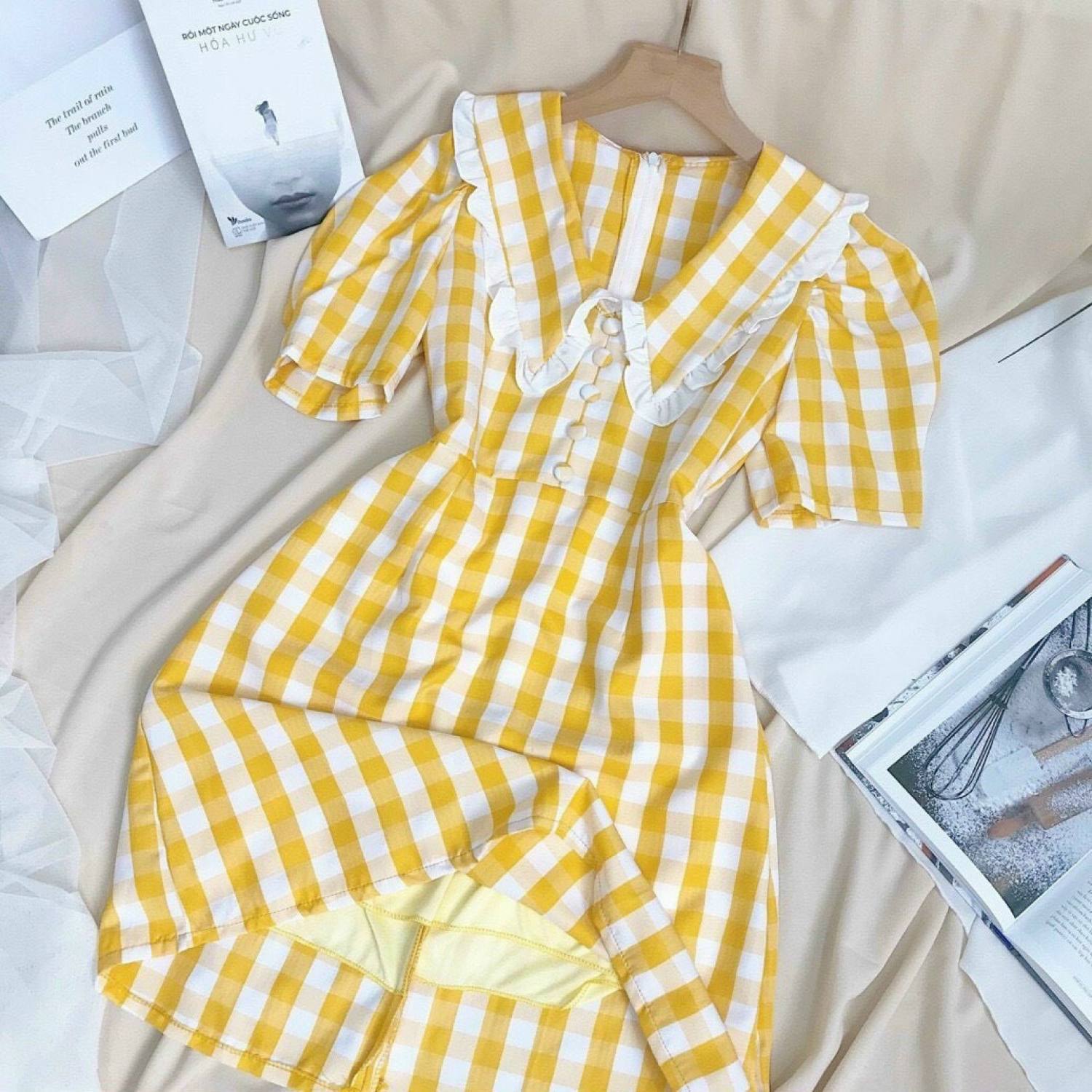 [Siêu Sale 12.12] Đầm Caro Kate Cổ Bèo Dáng Xòe Tiểu Thơ