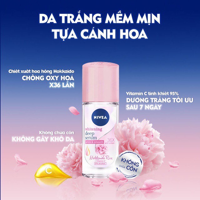 Lăn ngăn mùi Nivea serum trắng mịn hương hoa hồng Hokkaido 40ml -