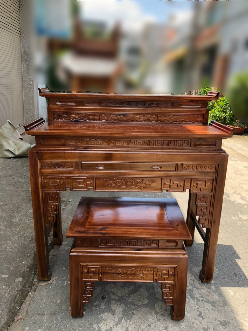 Bộ án giang thờ 2 tầng gỗ tràm bông vàng,bàn thờ gia tiên,bàn thờ bàn cúng vvv