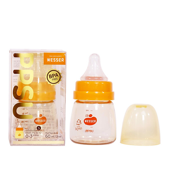 Bình sữa PPSU Wesser cổ hẹp 60ml, không chứa BPA ( Núm vú size S )