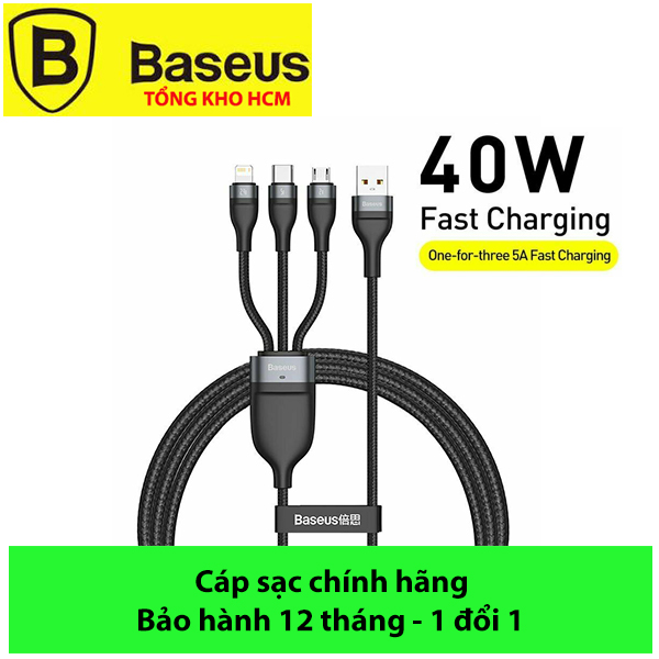 Cáp sạc đa năng 3 đầu Baseus 40W,Cáp sạc nhanh 3 đầu Baseus Flash Series 3in1