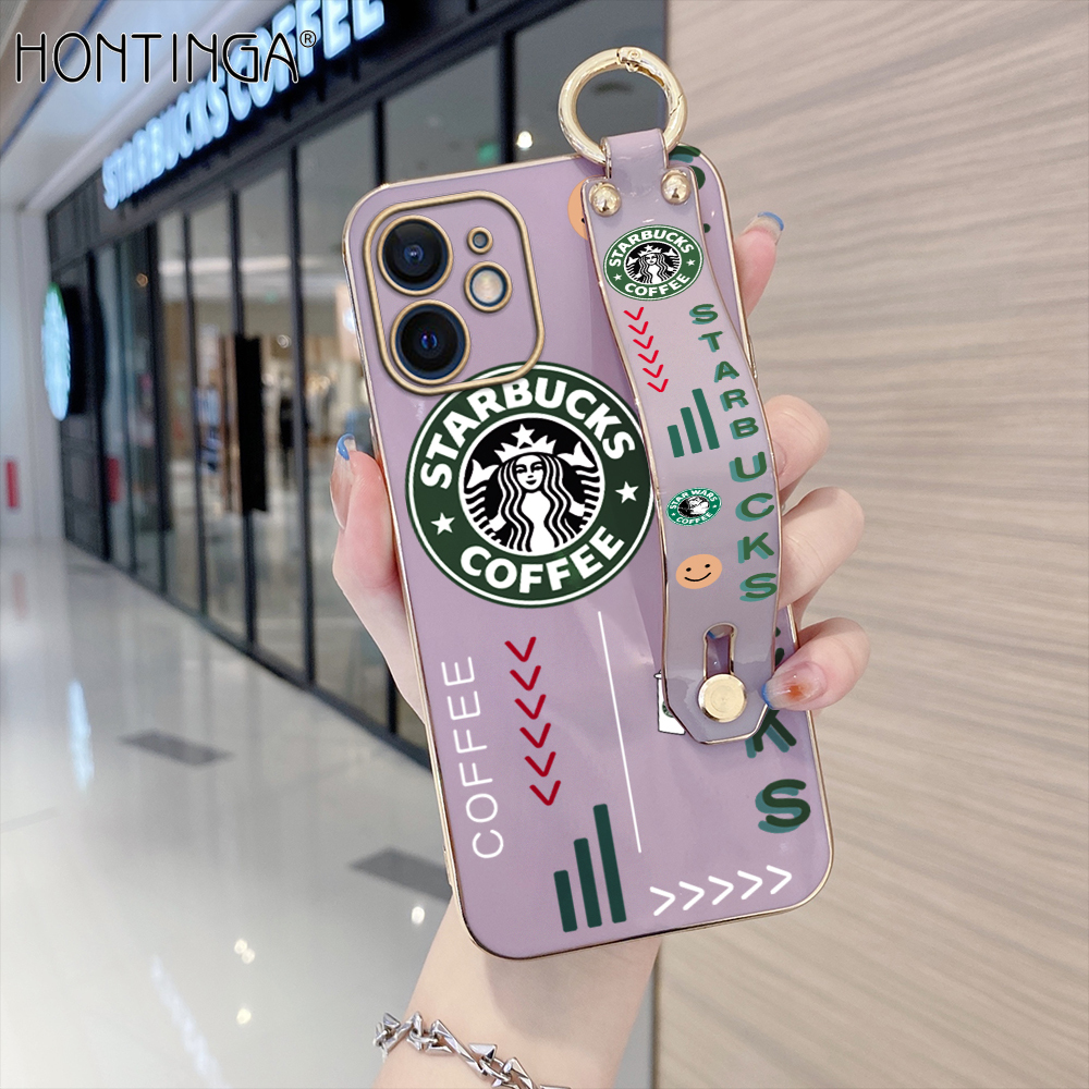 Hontinga Casing Case For iphone 11 Pro Max 12 Mini 12 Pro Max 13 Mini 13 Pro Max Case Cartoon Cute Starbucks Luxury Chrome Plated Soft TPU Square Phone Case Full Cover Camera Protection Anti Gores Rubber Cases For Girls