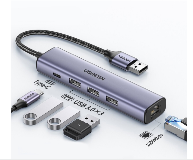 Bộ chia HUB USB 3.0 sang Lan 100/1000 + 3xUSB 3.0 Ugreen 20915 (Có trợ nguồn USB-C)