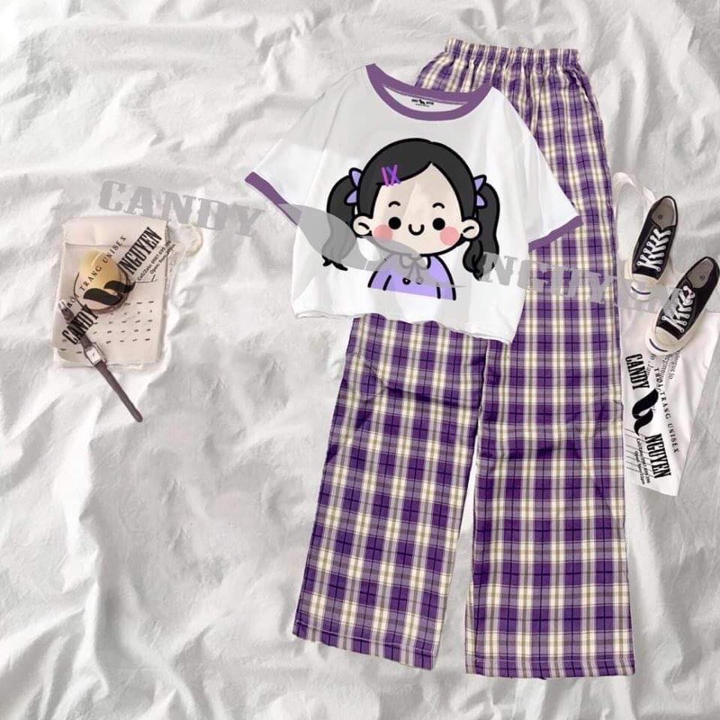 Set áo thun croptop viền tím cô gái + quần kẻ ống rộng tím