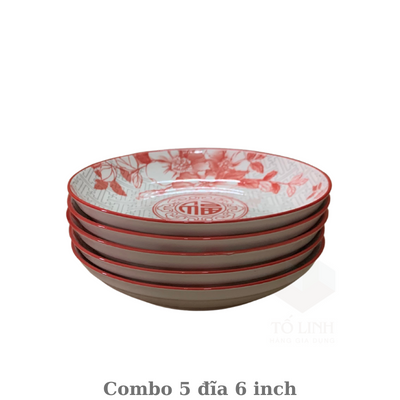 Combo 5 đĩa gốm sứ 15cm, 5 đĩa gốm sứ hoa 6 inch