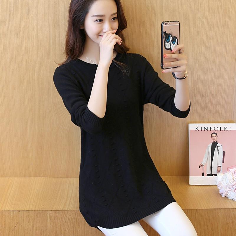 Women's sweater with long form, knitted wool material, smooth pattern without texture, round neck, long sleeves, easy to coordinate, style is not picky, young or middle age can wear it, genuine Thien Tu Store Thientustore.01200
