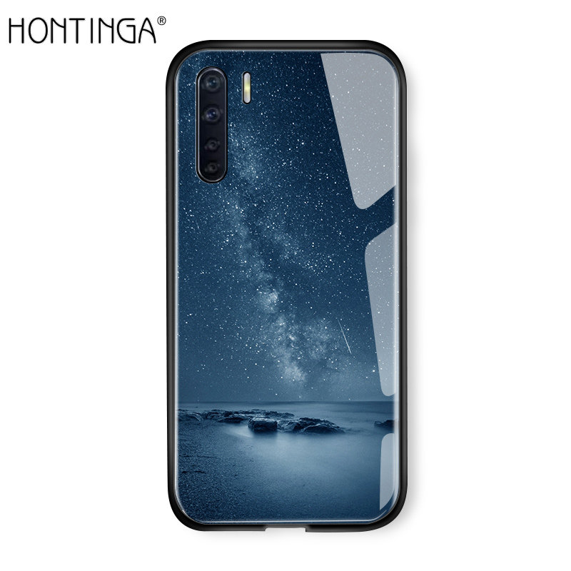 Hontinga For OPPO A91 2020 Case OPPO Reno 3 Case Fantasy Space Luxury Aurora Moon Starry Elk Casingg Shockproof Galaxy Case Tempered Glass Phone Case Back Cover For Boys Girls Men Women