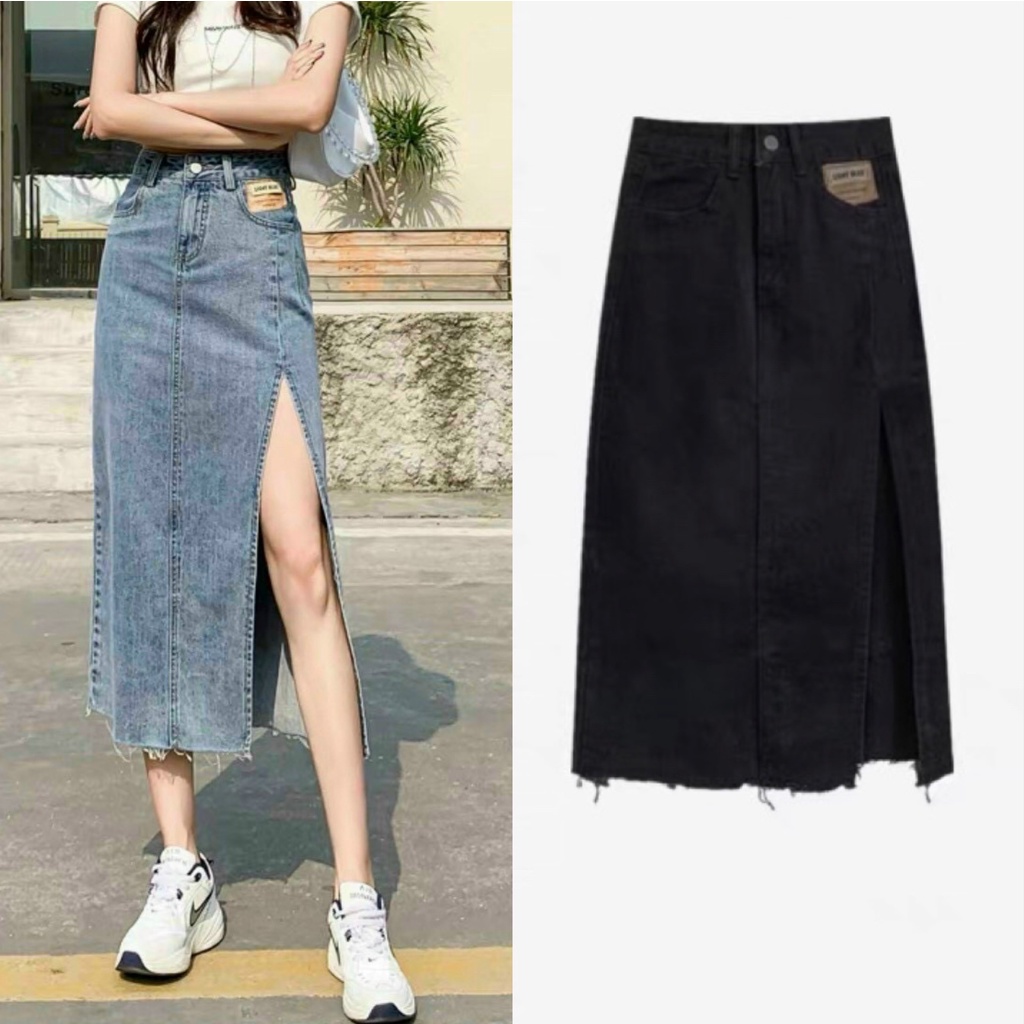 Chân váy demin lưng cao dáng dài xẻ tà ms 01