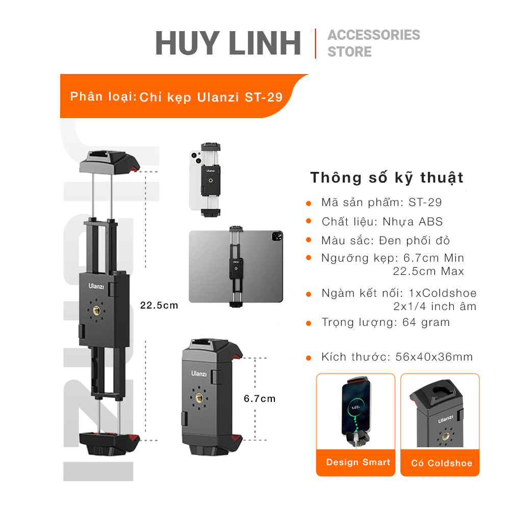Ngàm kẹp Ulanzi ST29 hỗ trợ cho cả điện thoại và máy tính bảng