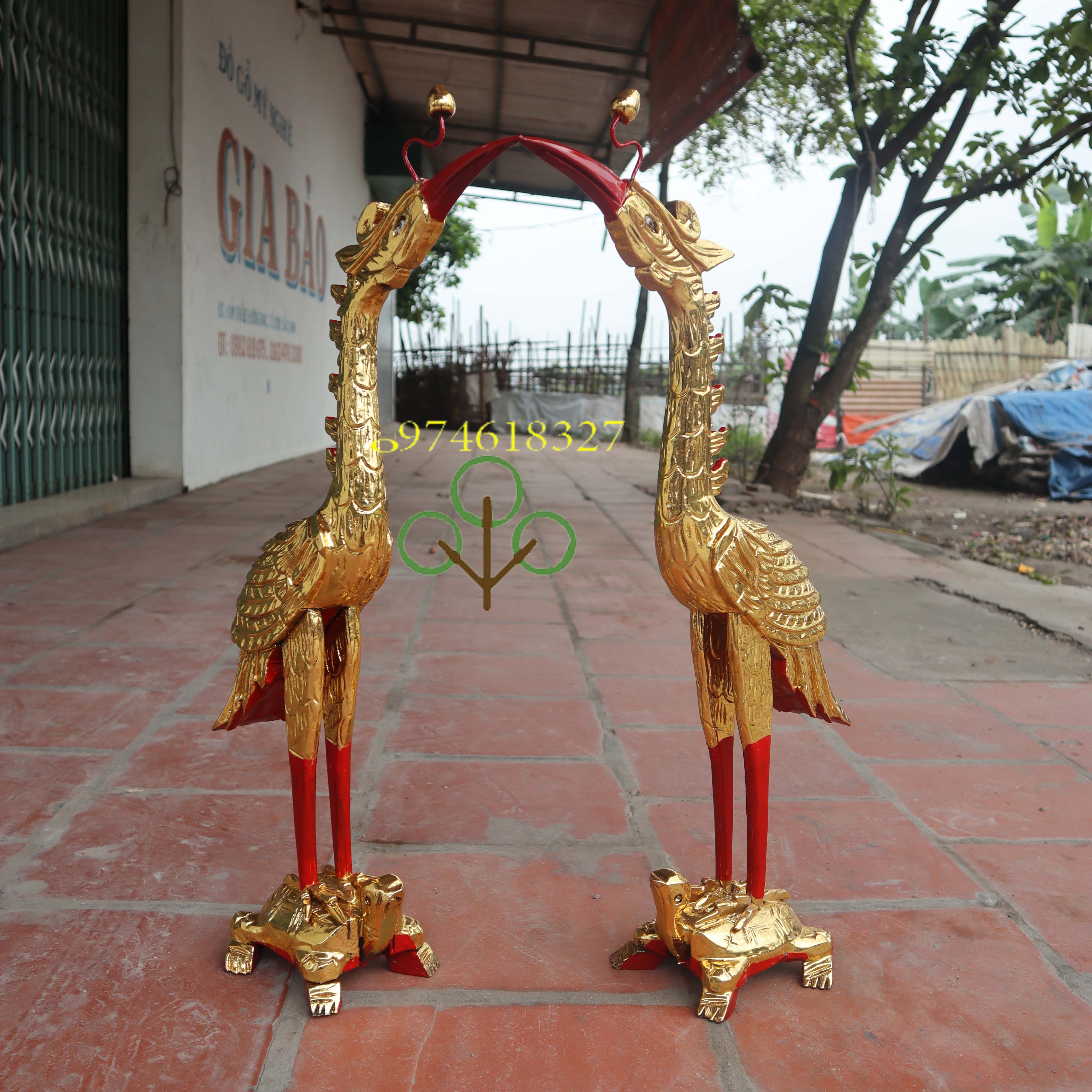 Đôi hạc thờ mào gỗ mít sơn son thếp vàng cao 61 và 81