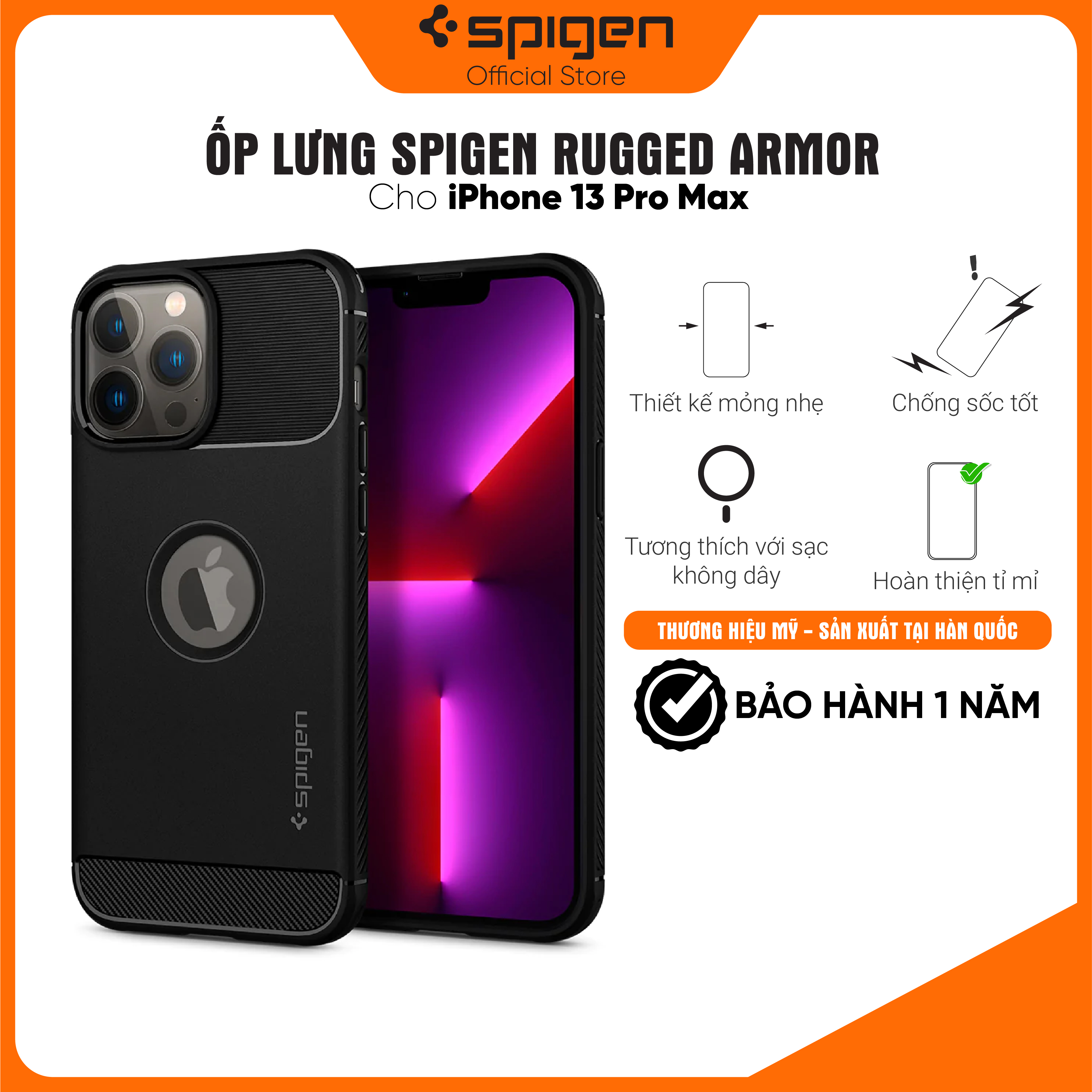 Ốp lưng Spigen Rugged Armor Matte Black cho iPhone 13 Pro Max - Thiết kế mỏng nhẹ, chống sốc, chống bẩn, viền camera cao - Hàng chính hãng