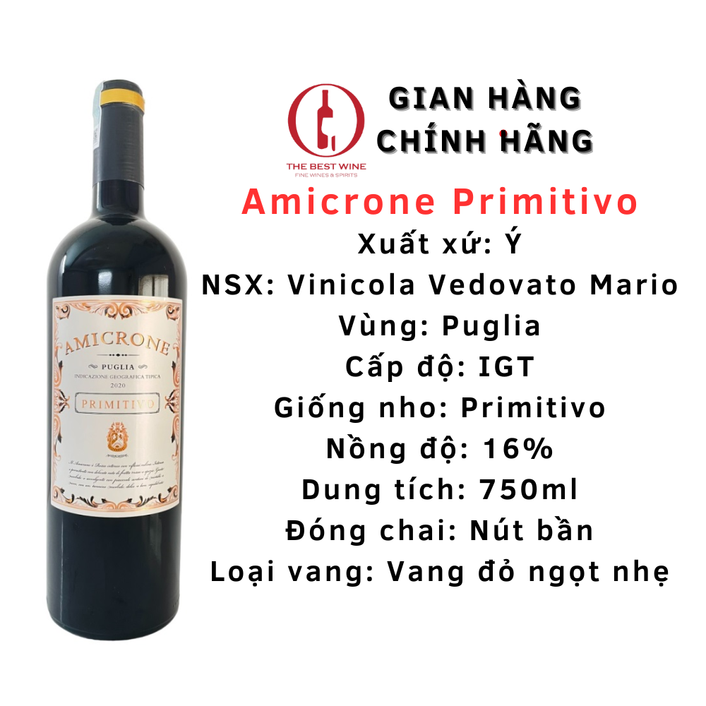 Vang Ngọt Ý Amicrone Primitivo Puglia 16 Độ