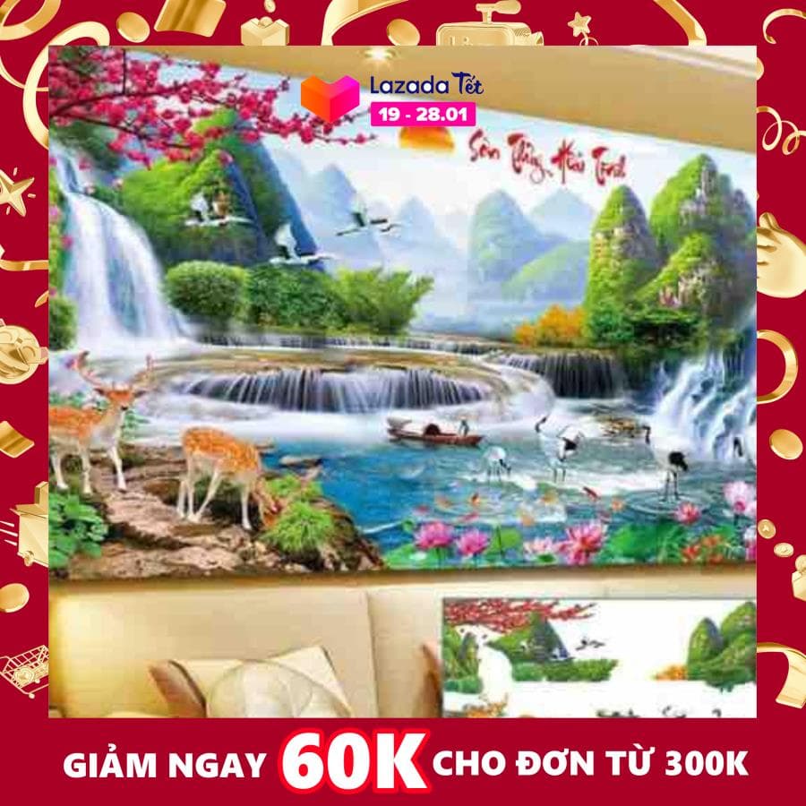 Tranh đính đá phong cảnh sơn thủy hữu tinh 120x55cm