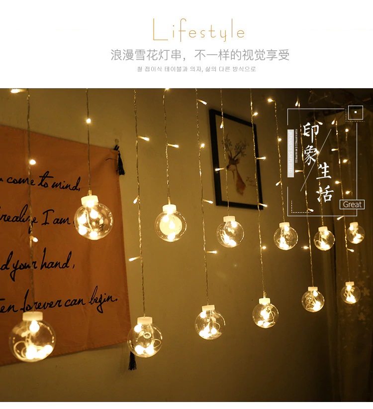 Rèm Thả Đèn LED Trang Trí Bóng Tròn Trong Suốt 12 Quả Cầu Pha Lê Chỉnh 8 Chế Độ Chớp Nháy Đứng Yên Cắm Điện, Đèn Trang Trí Trong Nhà Ngoài Trời, Đèn Decor Nhà Cửa Lễ Tết