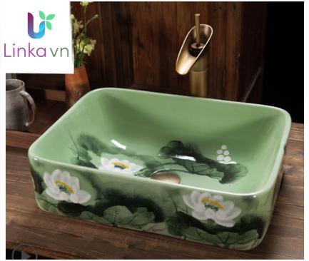 Chậu rửa lavabo LAV0057 gốm sứ men xanh cao cấp – Họa tiết hoa sen trắng trang nhã