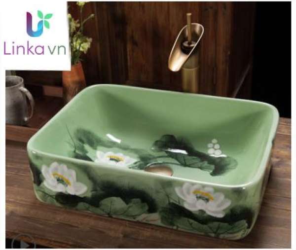 Chậu rửa lavabo LAV0057 gốm sứ men xanh cao cấp – Họa tiết hoa sen trắng trang nhã