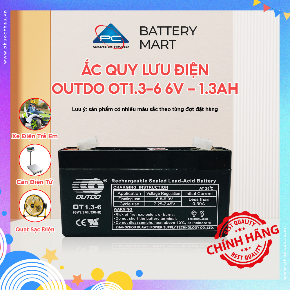 Ắc Quy Lưu Điện OUTDO OT1.3-6 6V - 1.3AH Dùng Cho Cân Điện Tử, Đồ Chơi Trẻ Em
