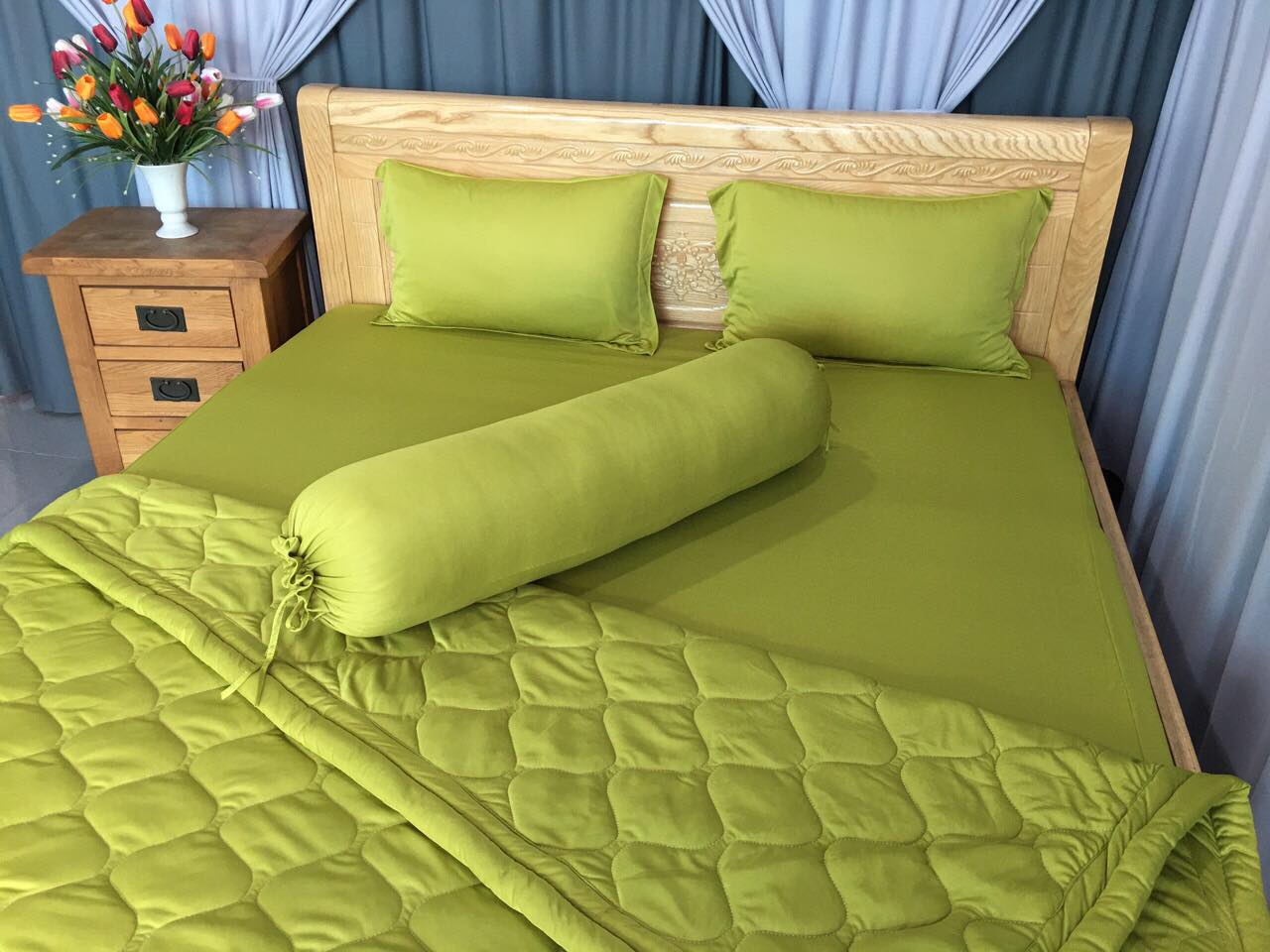 Bộ drap thun hàn 1 màu xanh rau má (1 ga 2 áo nằm 1 áo ôm)