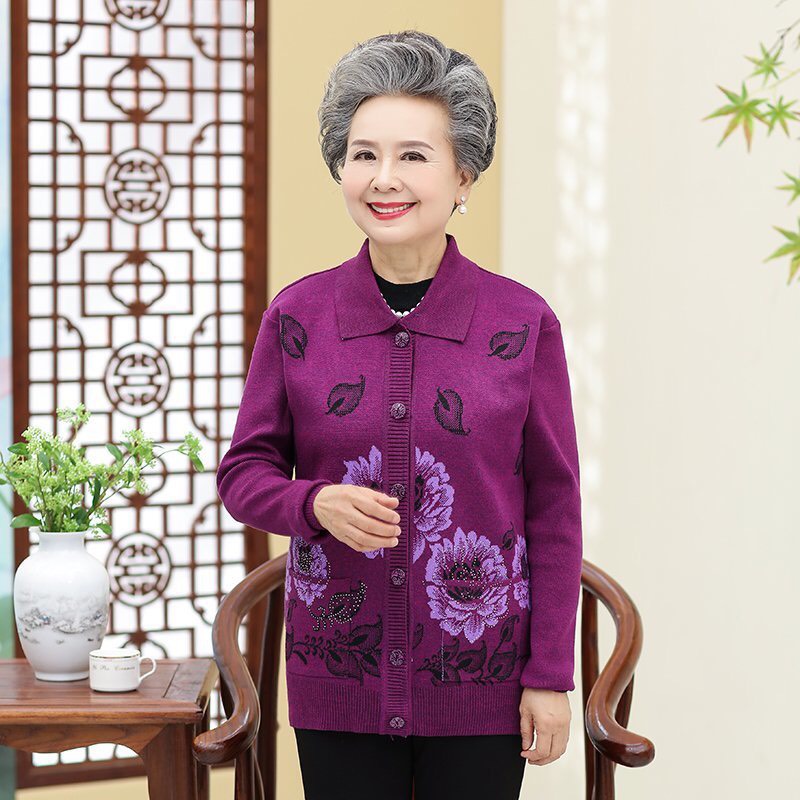 Áo Khoác Bà Già, Áo Len Cho Người Cao Tuổi Cổ Bẻ Sang Trọng, Áo Khoác Len  Nữ Trung Niên U60 U70 U80 U90 - Mixasale