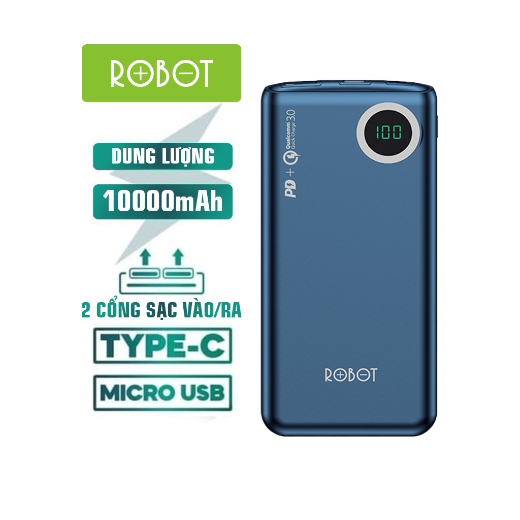 Pin Dự Phòng ROBOT RT100Q Dung Lượng Cao 10000mAh Sạc Nhanh 18W Cục Sạc Dự Phòng Chuẩn Quick Charge 3.0 PD Đèn Led Hiển Thị Mức Pin Nhỏ Gọn Hỗ Trợ Type-C Iphone 2 Cổng Sạc Vào 2 Cổng Sạc Ra Chất Lượng Tốt - Màu Xanh l HÀNG CHÍNH HÃNG